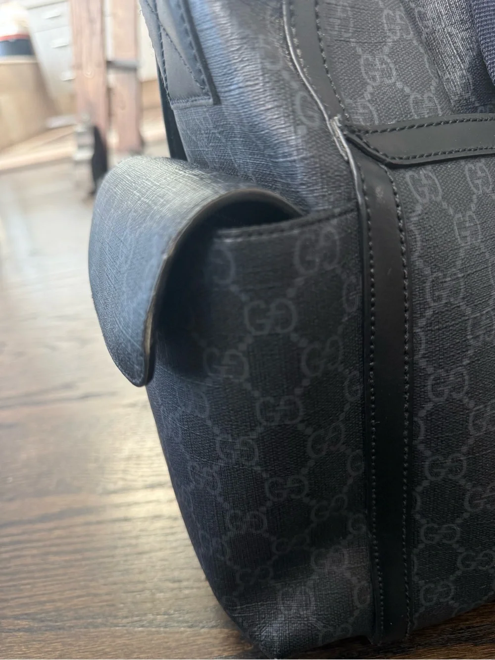 Gucci Black Monogram Diaper Bag with Red and Blue Web Strap